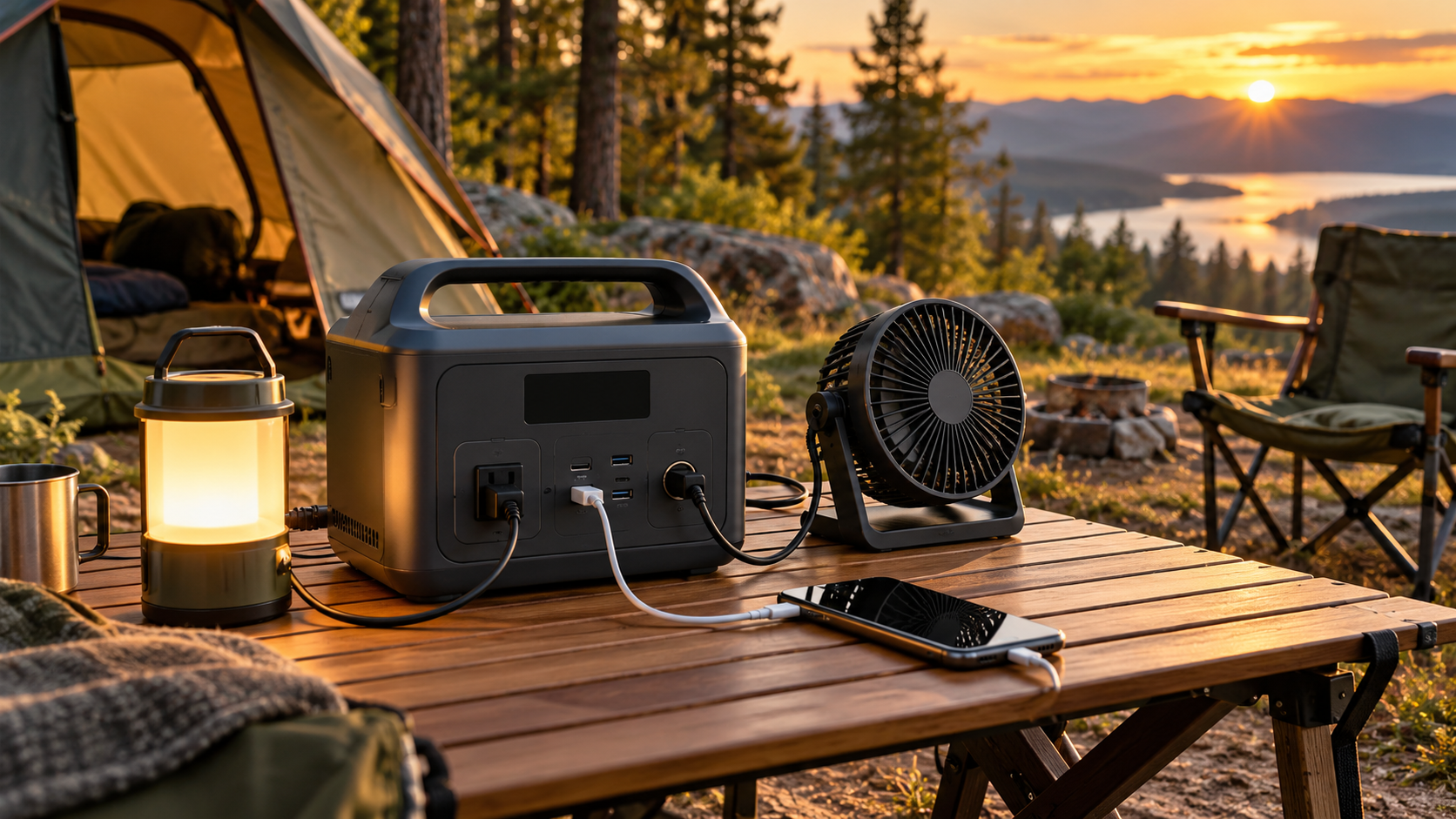 Portable power station powering a lantern, fan, and phone at a sunset campsite