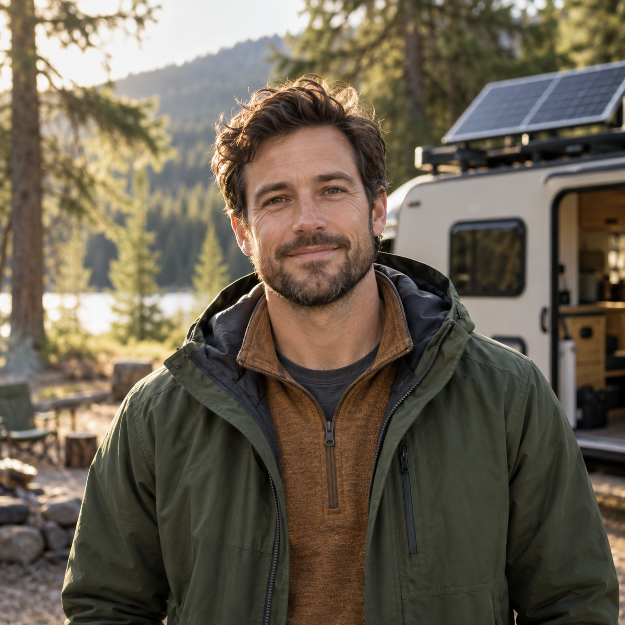 Jeff Soriano at a solar-equipped campsite