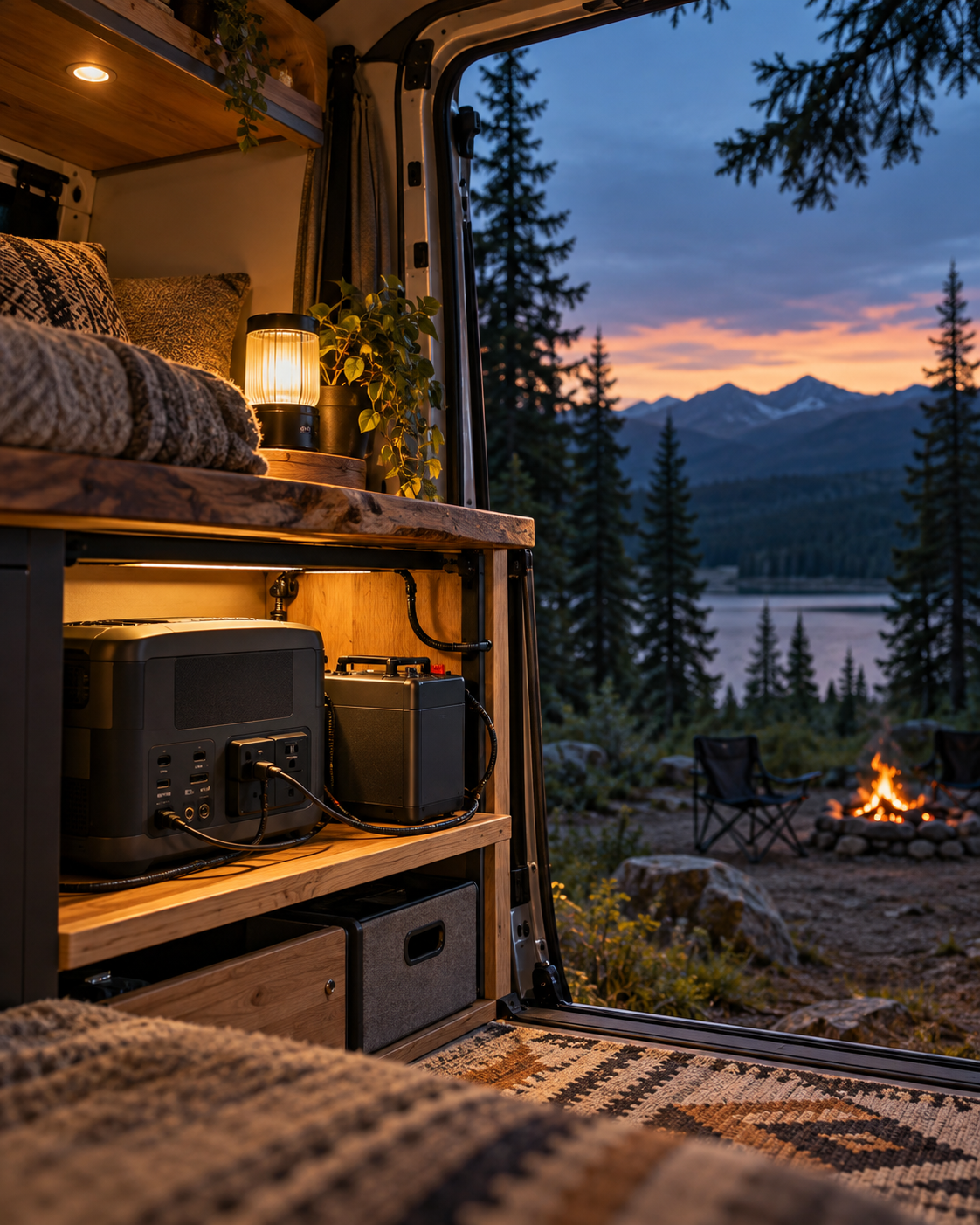 Off-grid camper interior with a portable power station at dusk