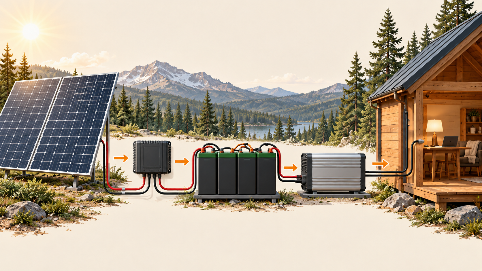 Off-grid solar system in a mountain setting